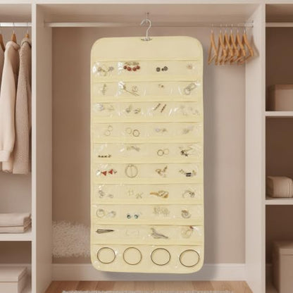 Hanging Jewelry Organizer, Vertical Closet Storage with Clear Pockets for Necklaces and Earrings, Polyester Roll-Up Bag (1 PC) - color: Beige