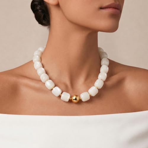 Chunky Colorful Beaded Choker Necklace for Women, Summer Beach Statement Resin Beads Necklace, Trendy Womens Summer Beach Jewelry Birthday Gifts for Vacation Holiday - color: Square White Bead