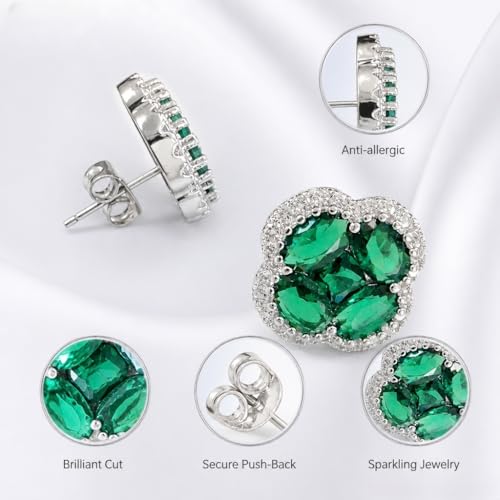 Green/Blue Zircon 4-Leaf Clover Jewelry Set – Necklace, Ring, Earrings – Women's Wedding & Evening Gift for Wife, Girlfriend, Mother – Comes with Gift Box - color: Green Earrings