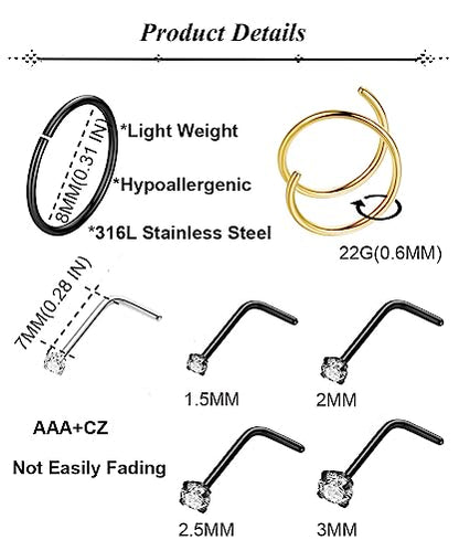 21PCS 18G 20G 22G 316L Stainless Steel Nose Rings Hoop for Women Men Double Nose Ring CZ Nose Stud Piercing Jewelry - color: 22G-Sliver+Gold+Black