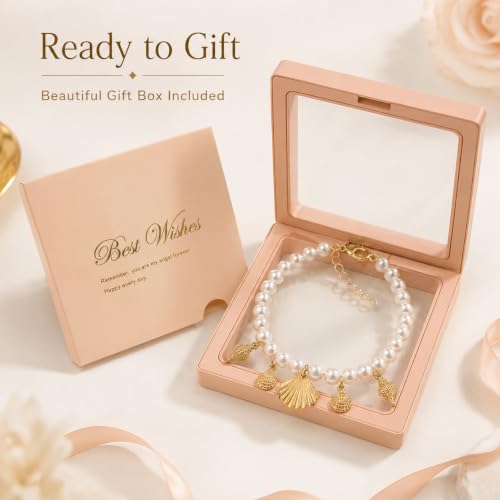 Artmiss Pearl Anklet for Women,Beach Shell Foot Jewelry Gift Box | Pearl-style bead anklet with gold shell charms,adjustable extender and gift box,perfect for beach,vacation and summer outfits