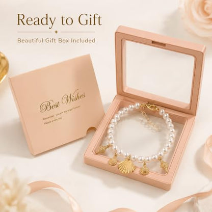 Artmiss Pearl Anklet for Women,Beach Shell Foot Jewelry Gift Box | Pearl-style bead anklet with gold shell charms,adjustable extender and gift box,perfect for beach,vacation and summer outfits