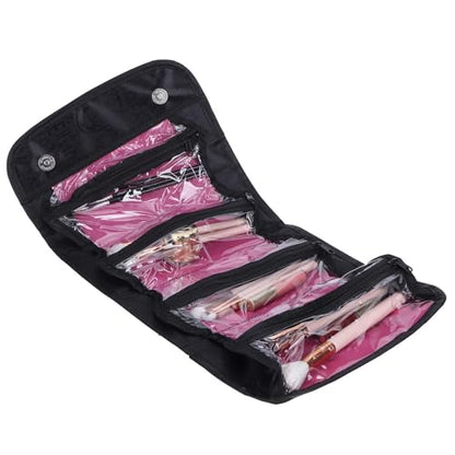 2PCS Roll up Makeup Bag, 4 in 1 Cosmetic Bag Foldable Makeup Bag Clear Makeup Organizer Bag Hanging Toiletry Bag for Women Men (Black) - color: Black