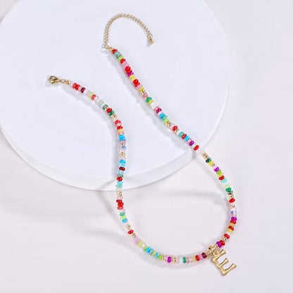 YOUFENG Initial Letter Necklaces for Women Colorful Beaded Gemstone Choker 14K Gold Plated Bamboo Letter Pendant Necklace Natural Stone Handmade Jewelry Gift - color: E