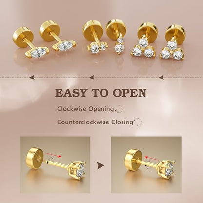 14K Gold Plated 925 Sterling Silver Flat Back Earrings Set | Hypoallergenic Cartilage Helix Conch Tragus Piercing Jewelry 3 Pairs Small Screw Dainty CZ Opal Earring Set Men Women - color: Gold, Style C