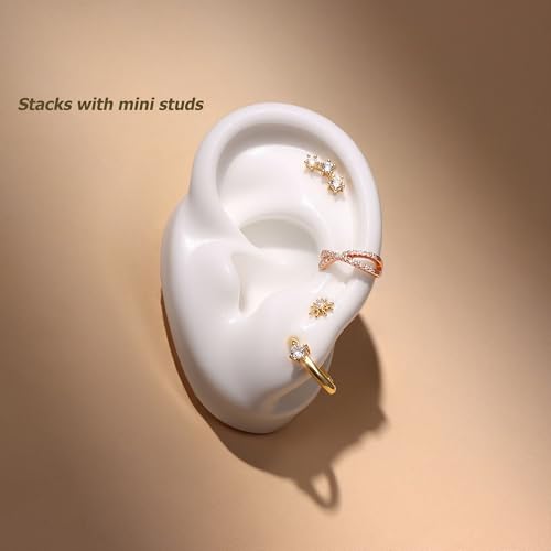 Sterling Silver Ear Cuffs Non Piercing Fake Conch Cuff Earrings for Women | 2 Pcs Adjustable Hypoallergenic Clip On Cartilage Helix Earrings with 5A Cubic Zirconia, 16K Gold Plated/Silver/Rose Gold - color: Rose gold