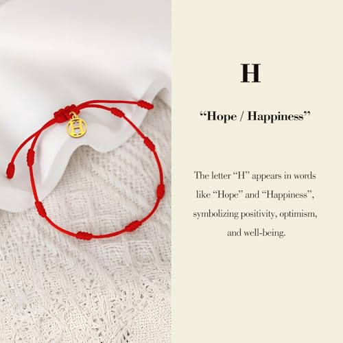 Red String Bracelet with Initial Letter and 7 Protective Knots – Adjustable Kabbalah Bracelet for Women & Men, Personalized Good Luck Charm for Positive Energy - color: H