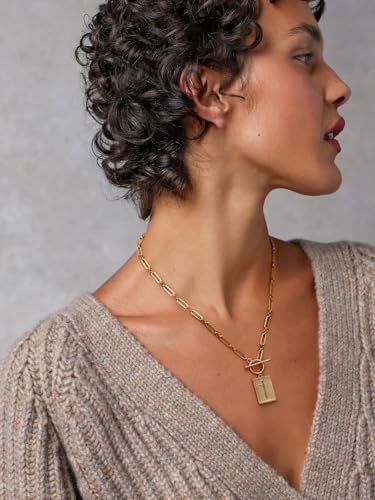 18k Gold Plated Chain Link Necklace for Women, Baroque Pearl/Compass Pendant Necklace - color: Rectangle Cross