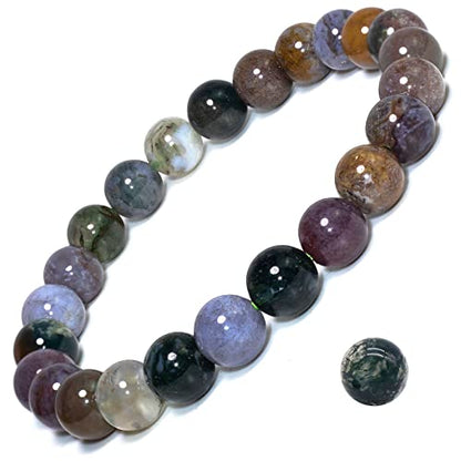 8mm Natural Crystal Stretch Bracelet | Handmade Round Stone Bead Bracelet, Runs Large, Meditation Yoga Gift for Women & Men - color: Moss Agate
