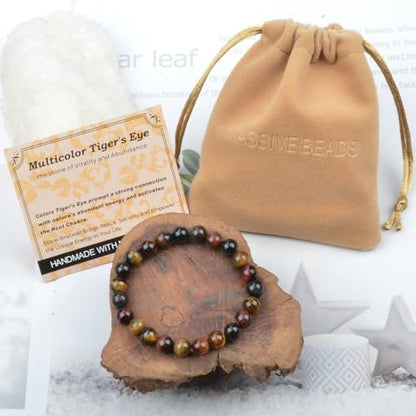 MASSIVE BEADS Handmade Yoga Stretch Elastic Bracelet Natural Stone Crystal Healing Power Energy Gifts for Unisex Adult 4mm 6mm 8mm 10mm - color: 3-Tiger's Eye (Vitality and Abundance), size: 8mm