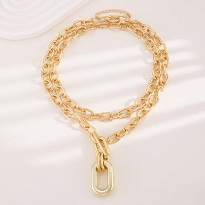 Gold Layered Chunky Chain Necklace for Women, Double Chain Paperclip Pendant Statement Choker, Trendy Minimalist Fashion Jewelry