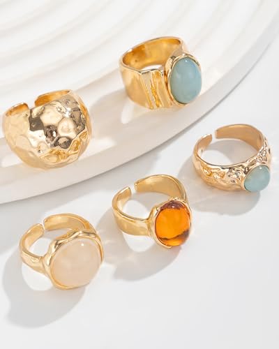 Chunky Gold Shell Starfish Ring Set for Women Trendy Gold Flower Scallop Seashell Starfish Gemstone Rings Adjustable Stacking Statement R-ings Non Tarnish Spring Summer Jewelry Accessories - color: A3:5 pcs