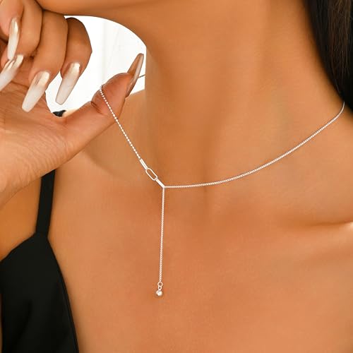 925 Sterling Silver Lariat Necklace for Women | Long 14K Gold Plated Y-Shaped Pearl Necklace CZ Crystal Ball Sparkle Necklace for Mother Daughter Bride Wedding Jewelry - color: Style 5-Sliver