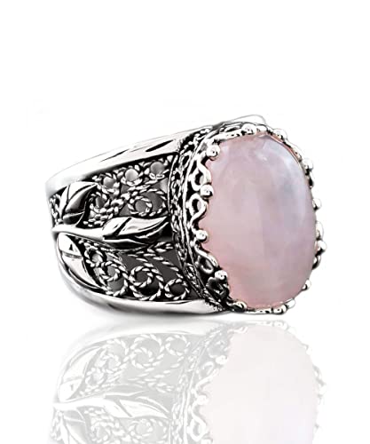 Filigranist 925 Sterling Silver Filigree Art Lace Embroidery Tulip Detailed Gemstone Women Cocktail Ring, Luxurious Gift Boxed - color: Rose Quartz