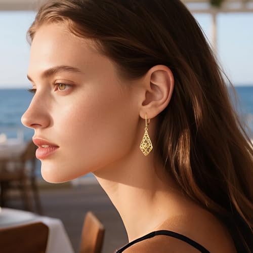 BOUTIQUELOVIN Filigree Dangle Earrings for Women Drop Earings | 14K Gold Plated Geometric Dangling Leverback Earrings Silver Hypoallergenic Dangly Earings Lightweight Daily Jewelry Gifts - color: A-14K Gold