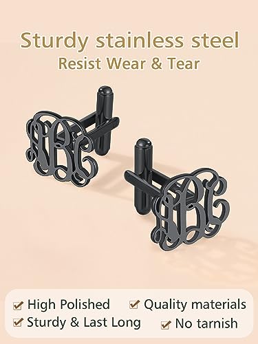 FindChic Stainless Steel Round Cufflinks with Custom Text/Picture/Monogram Letters 18K Gold Plated/Black Color for Men Groom Suits Shirts, with Gift Box - style: 04. custom 3 monograms (black)