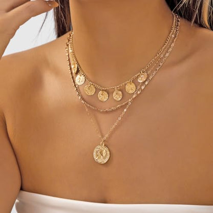 Gold Pirate Necklace for Women Layered Stack Charm Necklace Coin Pendant Necklaces Chunky Pirate Necklaces Pirates Costume Jewelry Accessories - color: gold1