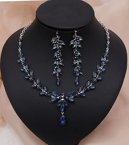 CSY Elegant Bridal Jewelry Sets Wedding Prom Homecoming Gown Accessories | Austrian Marquise Crystal Wedding Necklace Dangle Earrings Tennis Bracelet Ring Set for Bride Women Costume Accessories - color: navy blue crystal-platinum tone