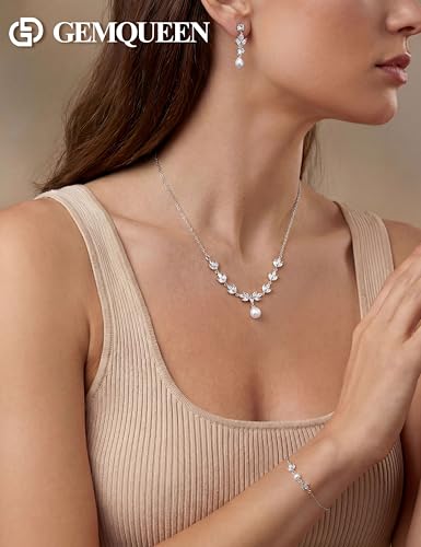 14K Gold Plated Pearl Jewelry Set 925 Sterling SIlver Post | Dainty Dangle Earrings Adjustment Pearl Necklace Bracelet Wedding Jewelry Sets for Bride Bridesmaid Trendy - color: Silver 2