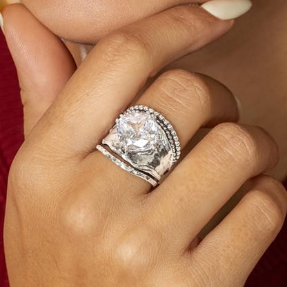 JEAN RACHEL JEWELRY 925 Sterling Silver Prong Solitaire Ring | Raised crown engagement style ring mounting a precision faceted brilliant Cubic Zirconia solitaire over stacked silver rows. - color: White CZ