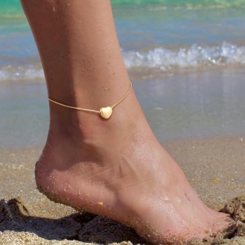 ChainsHouse Ankle Bracelets for Women, Stainless Steel Beaded Chain Ankle Bracelet, Womens Heart Anklets for Summer Beach Jewelry Gifts - color: P:heart-gold