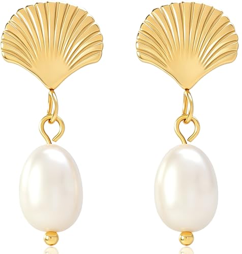 Pearl Earrings VeroSteel Dangle Earrings for Women, Dainty 14k Gold Huggie Hoop Earrings with Pearls, Trendy Pearl Drop Earrings, Stainless Steel Hypoallergenic Stud Earrings For Sensitive Ears - style: Shell