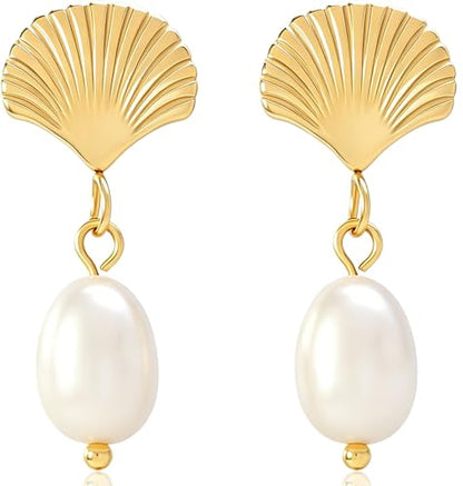 Pearl Earrings VeroSteel Dangle Earrings for Women, Dainty 14k Gold Huggie Hoop Earrings with Pearls, Trendy Pearl Drop Earrings, Stainless Steel Hypoallergenic Stud Earrings For Sensitive Ears - style: Shell