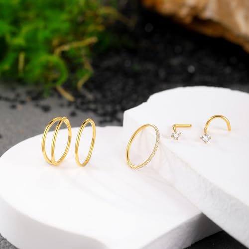 Xpircn 5pcs Hoop Nose Rings and L Shaped Nose Rings Stud Set 18G/20G Stainless Steel CZ Helix Conch Daith Tragus Cartilage Hoop Earrings for Women 6mm 7mm 8mm 10mm - color: Gold, size: 20G, 10mm hoop & 7mm studs