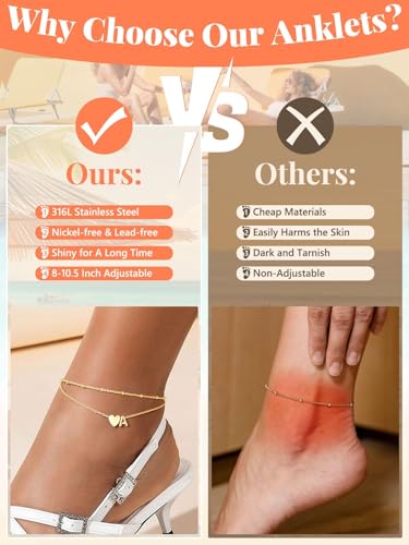 Ankle Bracelets for Women Waterproof 14K Gold/Silver/Black Initial Anklet for Women Dainty Layered Heart Ankle Bracelets Stainless Steel Adjustable Foot Chain Anklet Summer Beach Jewelry - color: I-Gold