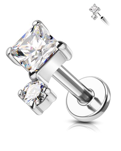 COCHARM 16G Threadless Labret Stud Earrings Flat Back Helix, Tragus, Cartilage,Conch Piercing Jewelry Square CZ Push Pin Lobe Stud 6mm 8mm 316L Steel Silver, Gold - color: Silver, size: 1.2x6mm
