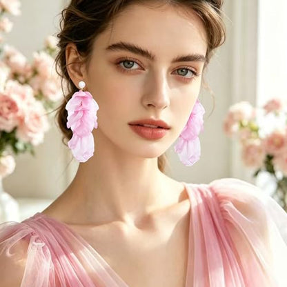 Handmade Bohemian Lightweight Fabric Flower Dangle Drop Earrings Chic Pearl Large Tassel Petal Stud Earrings For Women - color: Pearl Pink
