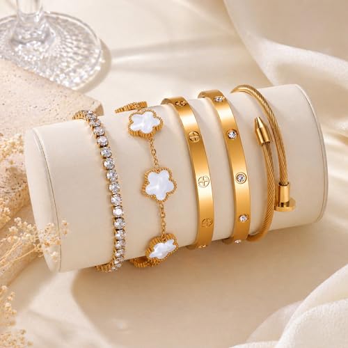 18K Gold Plated Love Bangle Bracelet Stack for Women, Adjustable Clover Bracelet & CZ Tennis Chain Set, Stackable Layered Jewelry, Fade Resistant, Long-Lasting Luster for Daily Wear & Gift - color: 5Pcs Gold White