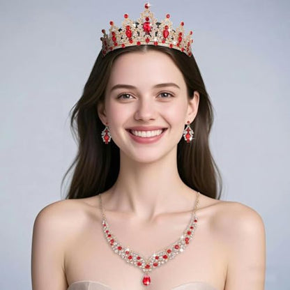 Tiaras and Crowns for Women,Tiaras Earrings Necklace, Crystal Bridal Jewelry Set - color: Gold Red