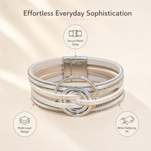 Leather Wrap Bracelets for Women Boho Layered Cuff Bracelets Bling Bohemian Jewelry - color: Boho White