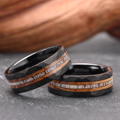 Tungsten Carbide Rings for Men 8mm Black Hammered Whiskey Barrel Wood & Elk Antler Inlay Men's Engagement Wedding Bands Matte Brushed - color: 8mm black Hammered