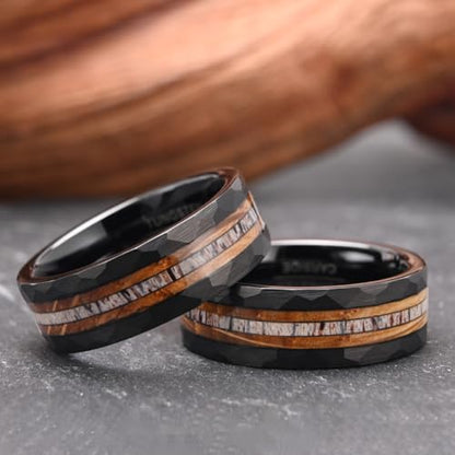 Tungsten Carbide Rings for Men 8mm Black Hammered Whiskey Barrel Wood & Elk Antler Inlay Men's Engagement Wedding Bands Matte Brushed - color: 8mm black Hammered