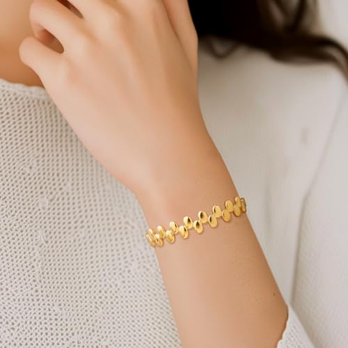 Chunky Gold Silver Bangle Bracelet for Women | Trendy, Minimalist, Oval Beads, Non Tarnish, Adjustable Bracelets, Prom, Party Jewelry Gift - color: Gold