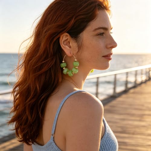 Colorful Beaded Earrings for Women Beaded Hoop Earrings | Chunky Acrylic Resin Boho Statement Drop Earrings Trendy Summer Beach Jewelry Accessories Gifts - color: Green