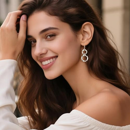 ALEXCRAFT Gold Hammered Double Circle Leverback Dangle Earrings | Hypoallergenic, Drop Handmade, Hammered Round, Minimalist Boho - color: Hammered-Silver