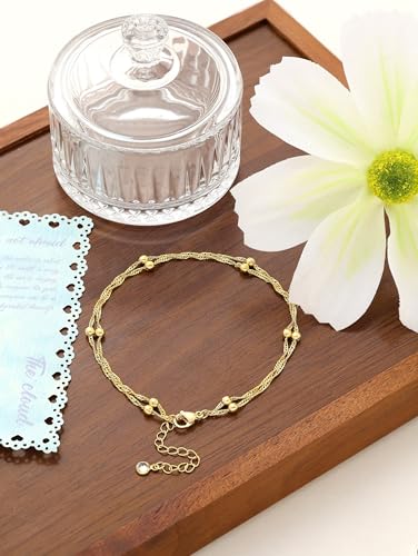 Dainty Anklets for Women, 14K Gold Plated & Sterling Silver Plated Ankle Bracelets, Adjustable, Waterproof & Hypoallergenic Summer Beach Foot Jewelry in Assorted Styles - style: 2 anklet beads gold