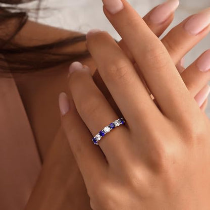 Birthstone Wedding Band Eternity Rings 925 Sterling Silver Rings Stackable Anniversary Engagement Rings Cubic Zirconia Inlaid Created Garnet/Amethyst/Sapphire Ring 7 Stone Ring, Size 6 to 10 - color: Blue Sapphire & 5A CZ