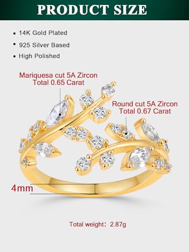 Silver Leaf Ring for Women 925 Sterling Silver Yellow Gold Plated CZ Inlaid Marquise Sapphire/Ruby/Emerald Cocktail Rings Size 6 to 10 - color: Cubic Zirconia - Gold
