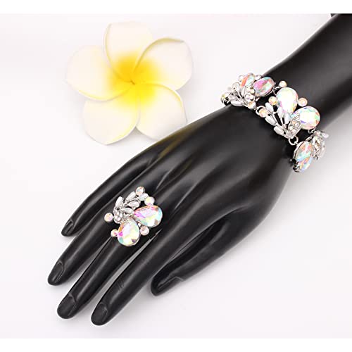 Jewelry Set for Women, Statement Necklace Dangle Earrings Bracelet Ring, White/KC Gold Plated Jewelry Set with Rhinestone Pearl Crystal Wedding Party Jewelry for Bridal Bridesmaid - color: AB Crystal-Platinum Plated