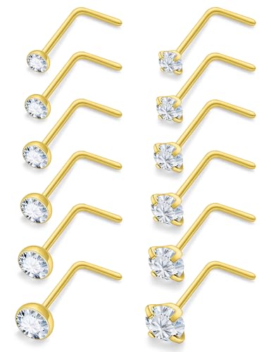 18G 20G 22G 24G Nose Rings Studs 316L Surgical Steel L Shaped Nose Nostril Studs Piercing Jewelry for Women Men Silver Gold Black CZ 1.5mm 2mm 2.5mm 3mm 3.5mm 4mm - style: Gold-22G(0.6mm)-7mm Bars-1.5mm 2mm 2.5mm 3mm 3.5mm 4mm CZ