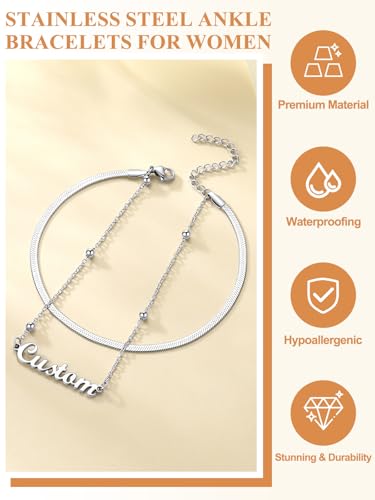 Custom4U Custom Name Anklet Bracelets for Women Waterproof Beaded/Figaro/Cuban/Rope/Wheat Chain Anklet Stackable Gold Plated Non Tarnish Custom Beach Gift Barefoot Summer Jewelry for Her - color: F02-Silver Herringbone Chain