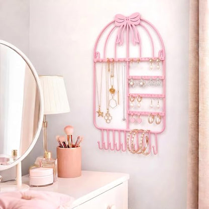 Novabright Pink Bow Wall Hanging Jewelry Organizer with 16 Hooks 48 Stud Holes 15.75inch Pink Metal Wall Necklace Holder Cute Coquettish Jewelry Hanger Rack for Bracelets Earrings Girls Room Decor