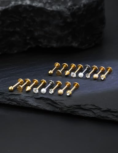 16G Flat Back Earrings Nose Studs 316L Surgical Steel Medusa Labret Monroe Lip Ring Tragus Forward Helix Conch Cartilage Lobe Earrings Stud Piercing Jewelry For Women Men 8MM Bar Length - color: 14K Gold Filled