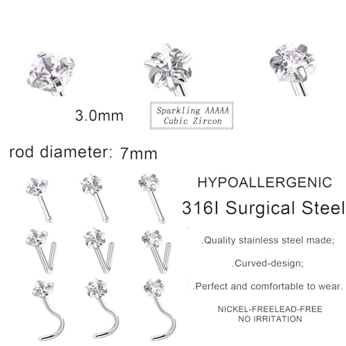 9PCS 20g Stainless Steel 316L Nose Studs Set | Hypoallergenic L-Shaped Screw & Bone Nose Rings, Round Heart Star Pink Cubic Zirconia Nose Piercing Jewelry for Women Men - style: studs002