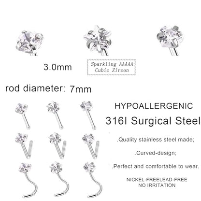 9PCS 20g Stainless Steel 316L Nose Studs Set | Hypoallergenic L-Shaped Screw & Bone Nose Rings, Round Heart Star Pink Cubic Zirconia Nose Piercing Jewelry for Women Men - style: studs002