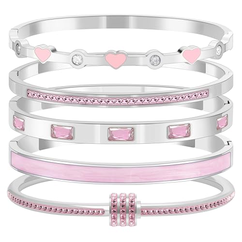 Camhanno Pink Heart Bangle Bracelets for Women - 18K Gold Plated Stackable Stainless Steel, Friendship & Love Jewelry Gift for Her - color: Silver+Pink